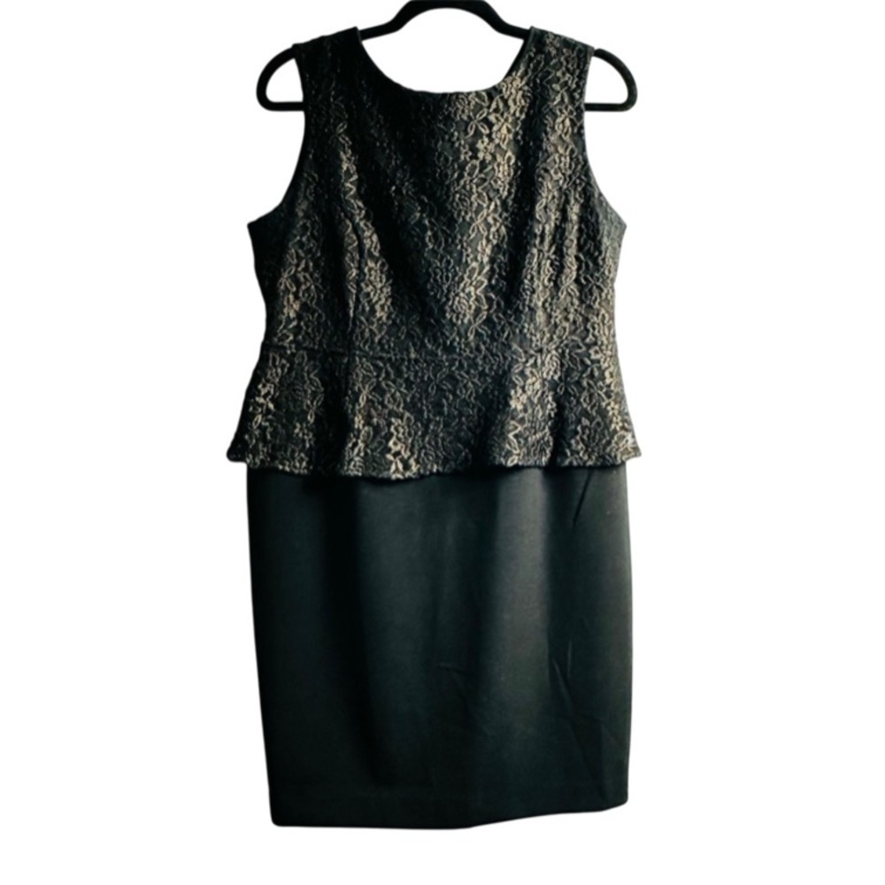 Worthington Women’s Sz 12P Black & Gold Peplum Dress With a Floral Lace Overlay